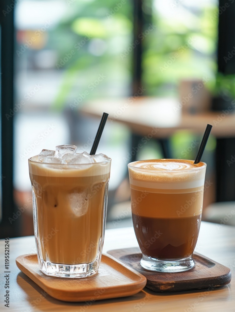 Iced coffee, cafe latte, cafe, table, drinks, ice, straws, window, blurry background, menu Iced coffee, cafe latte, cafe, table, drinks, ice, straws, window, blurry background, menu
