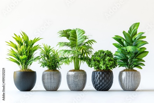 Five potted plants with varied foliage in decorative pots photo