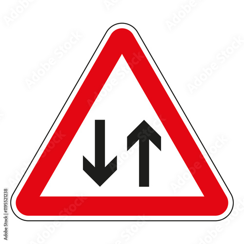 Red and white triangular road sign with two-way traffic to inform drivers Free Download Red and white triangular road sign with two-way traffic to inform drivers - GFXLoad