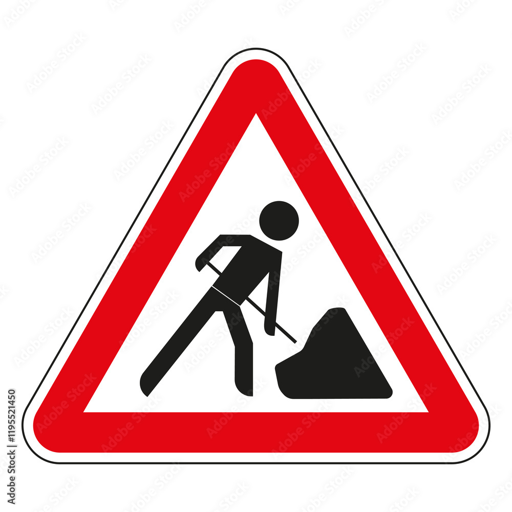 A road sign with a red triangle indicating construction work in progress A road sign with a red triangle indicating construction work in progress