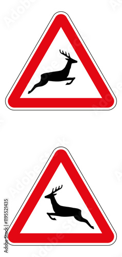 Red and white triangular road sign warning drivers about leaping deer crossing the road