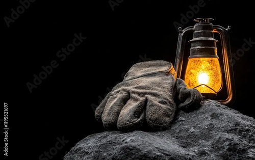 Miner's gloves covered in dust and grime resting on a rock near a glowing lantern emphasizing the grit of the profession photo