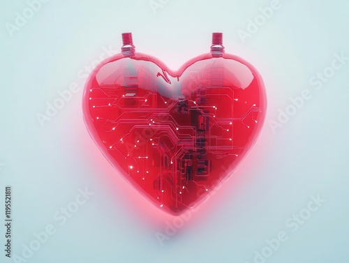 Valentinethemed robotic heart, pulsating with soft light, powered by intricate electronics and LED displays photo