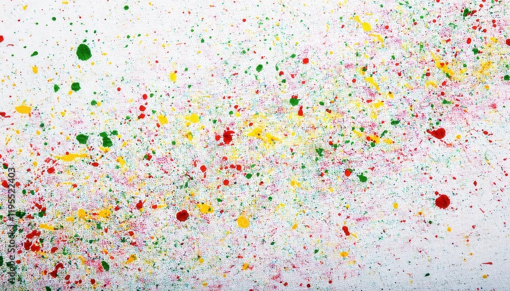 vibrant abstract paint splatter on white canvas with red, green, yellow accents, ideal for modern art, background, or creative projects