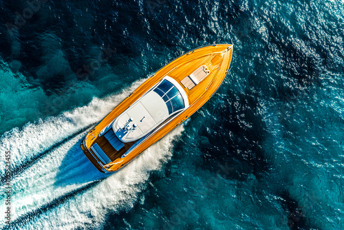 Top View of Speedboat Racing Across the Ocean in a Lifestyle Summer Scene photo