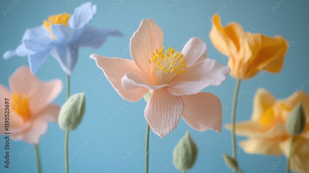 Tender Columbine flowers, pastel floral wallpaper, cotton fabric texture, delicate aesthetic effect Tender Columbine flowers, pastel floral wallpaper, cotton fabric texture, delicate aesthetic effect