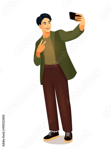 Vector illustration of a cheerful young Asian man posing for a selfie with his smartphone. Dressed in casual yet stylish attire, he makes a peace sign gesture while smiling confidently. The minimalist