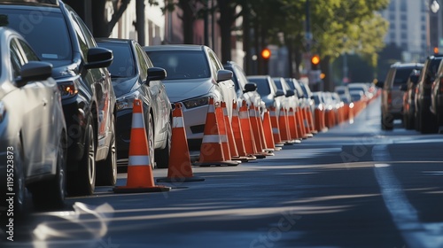 Wallpaper Mural A line of cars stretches down the road during the day, slowed by bright orange traffic cones marking a lane closure for construction. Torontodigital.ca