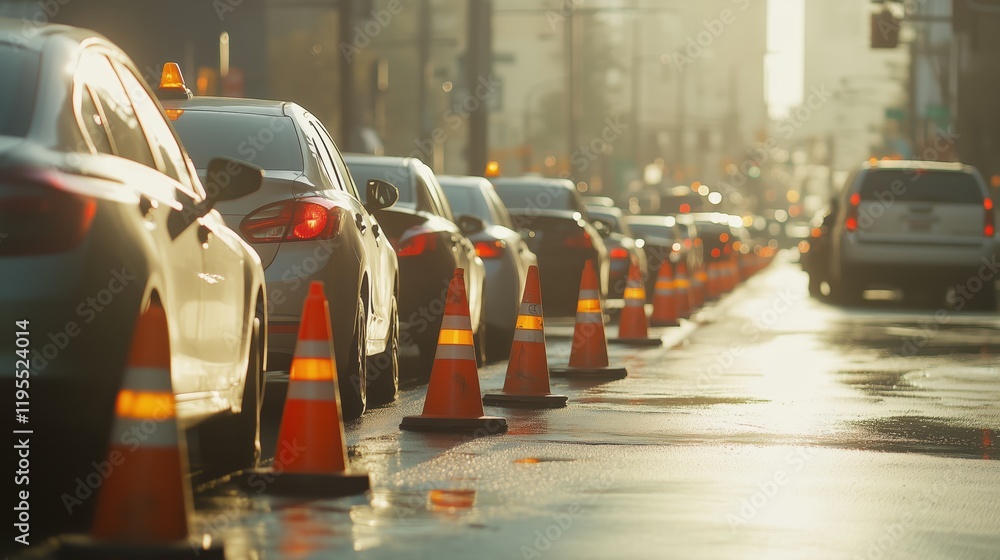 Obraz premium A line of cars stretches down the road during the day, slowed by bright orange traffic cones marking a lane closure for construction.