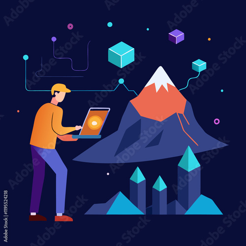 AI-Generated illustration of a person mining data from a glowing digital mountain, transforming nuggets of information into refined charts photo