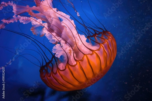 A vibrant orange jellyfish gracefully floats in a deep blue ocean, its tentacles trailing behind. photo