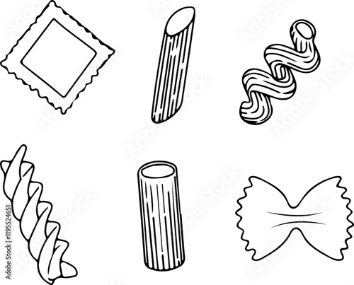 A set of vector icons for pasta. Ravioli, penne, shells, farfalle. Icons for menus, posters, and postcards