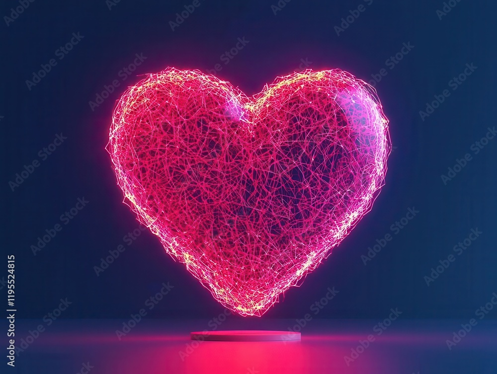 Futuristic heartshaped hologram projector, emitting glowing Valentinethemed images in 3D