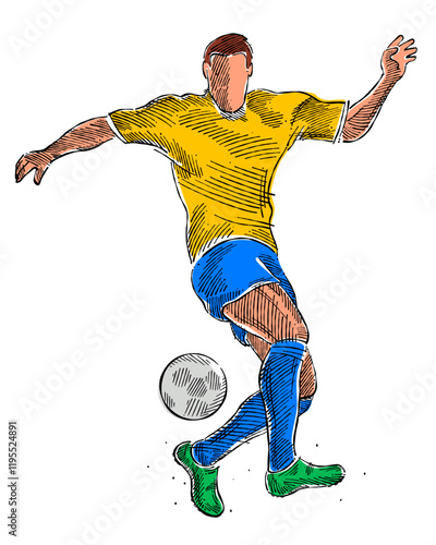 Drawing of man soccer player dominating the ball