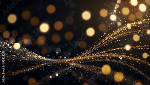 This image features flowing, shimmering gold lines against a dark background, with out-of-focus gold bokeh dots scattered throughout. The overall feeling is festive and elegant.
