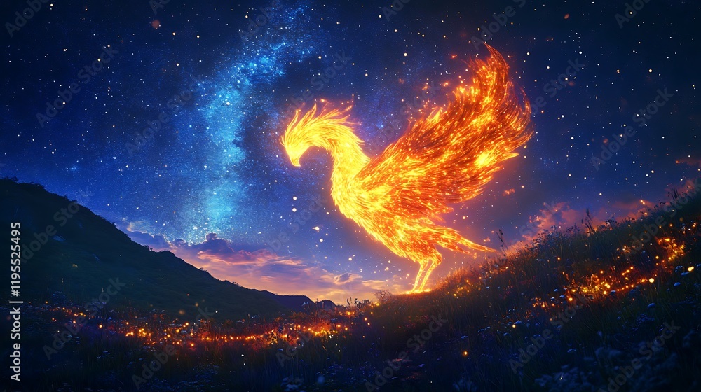 Obraz premium A holographic phoenix glowing brightly against a star-filled night sky