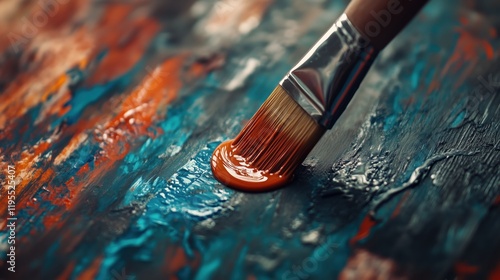 Bristles of a paintbrush coated with varnish, enhancing the wooden surface with a rich, reflective sheen. photo