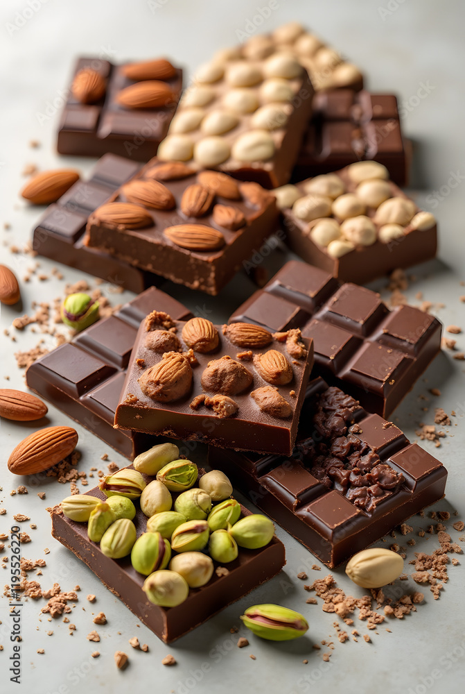 A variety of chocolates with almonds, hazelnuts and pistachios, offering both milk and dark chocolate options. A variety of chocolates with almonds, hazelnuts and pistachios, offering both milk and dark chocolate options.