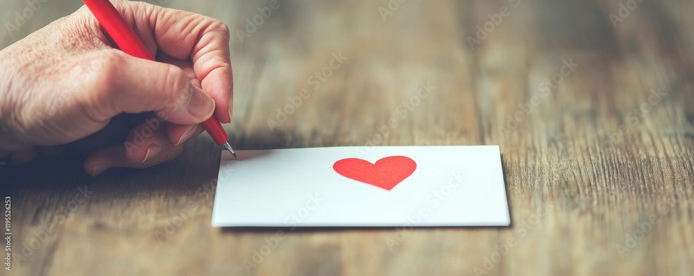 Senior Valentine. Hand drawing a red heart on a white card on a wooden table. Senior Valentine. Hand drawing a red heart on a white card on a wooden table.
