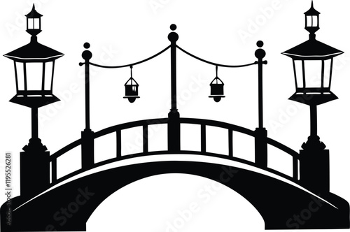 Bridge with lanterns black silhouette vector icon illustration