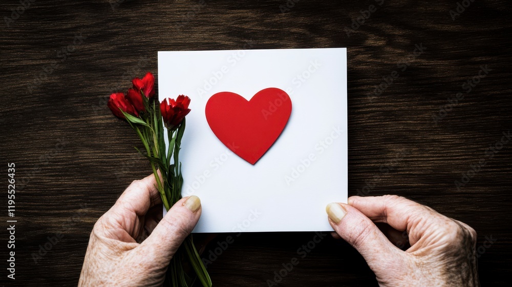 Senior Valentine. Hands holding a card with a heart and flowers on a wooden table. Senior Valentine. Hands holding a card with a heart and flowers on a wooden table.
