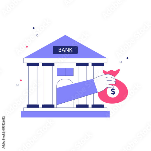 Bank Building With Hand Holding Money Bag In Flat Vector Illustration Symbolizing Financial Services, Banking System, And Wealth, Isolated On White Background