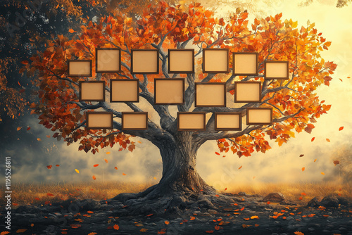 Realistic family genealogy family tree template with empty frames for text or icons. Autumn landscape