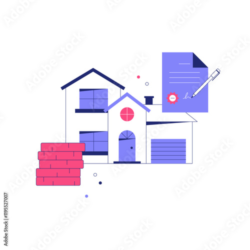 Residential Property With Loan Document And Coins In Flat Vector Illustration Symbolizing Mortgage Approval, Housing Investment, And Real Estate, Isolated On White Background