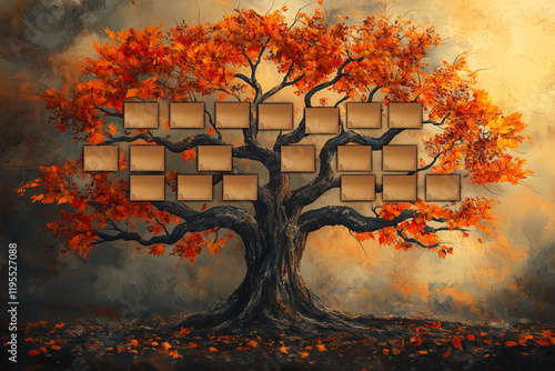 Realistic family genealogy family tree template with empty frames for text or icons. Autumn landscape