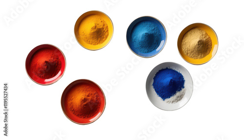 A minimalist arrangement of three round plates with gulal powder in primary colors—red, blue, and yellow—arranged side by side with a subtle gradient effect of colors blending at the edges, on a trans photo