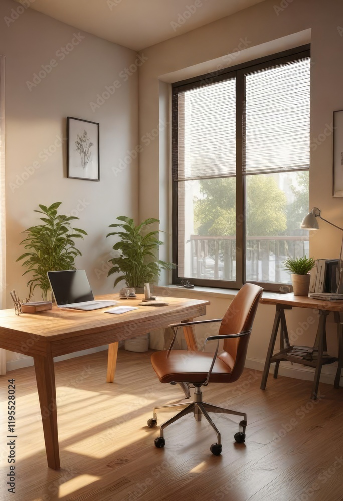 A bright and airy office features a sleek wooden desk and a comfortable chair, illuminated by the warm glow of a sunbeam, sunny window seat, office decor, simple elegance A bright and airy office features a sleek wooden desk and a comfortable chair, illuminated by the warm glow of a sunbeam, sunny window seat, office decor, simple elegance