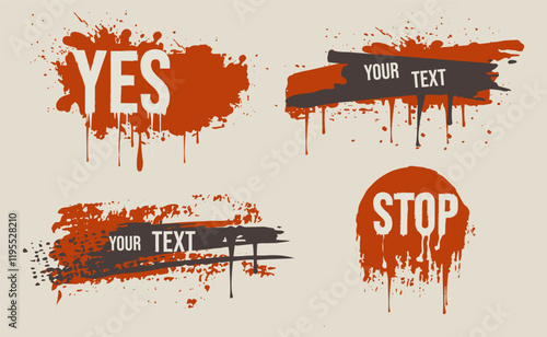 A set of brush strokes with splashes, spots and blots, with a place for text. Different shapes. Grunge-style textures. Elements for graffiti. Isolated. Vector illustration.