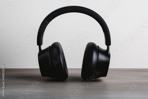 A pair of sleek black headphones sits on a wooden surface, showcasing a modern design ideal for music lovers and audio enthusiasts. photo