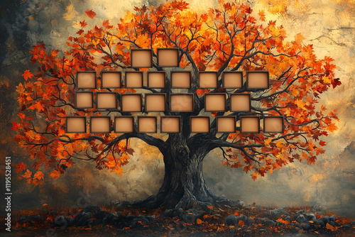 Realistic family genealogy family tree template with empty frames for text or icons. Autumn landscape