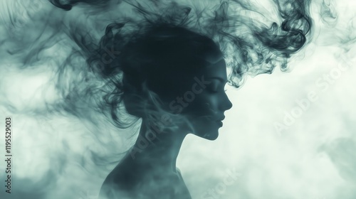 In an otherworldly scene, a faintly illuminated female silhouette with smoke flowing as her hair exudes grace and an air of surreal enchantment. photo