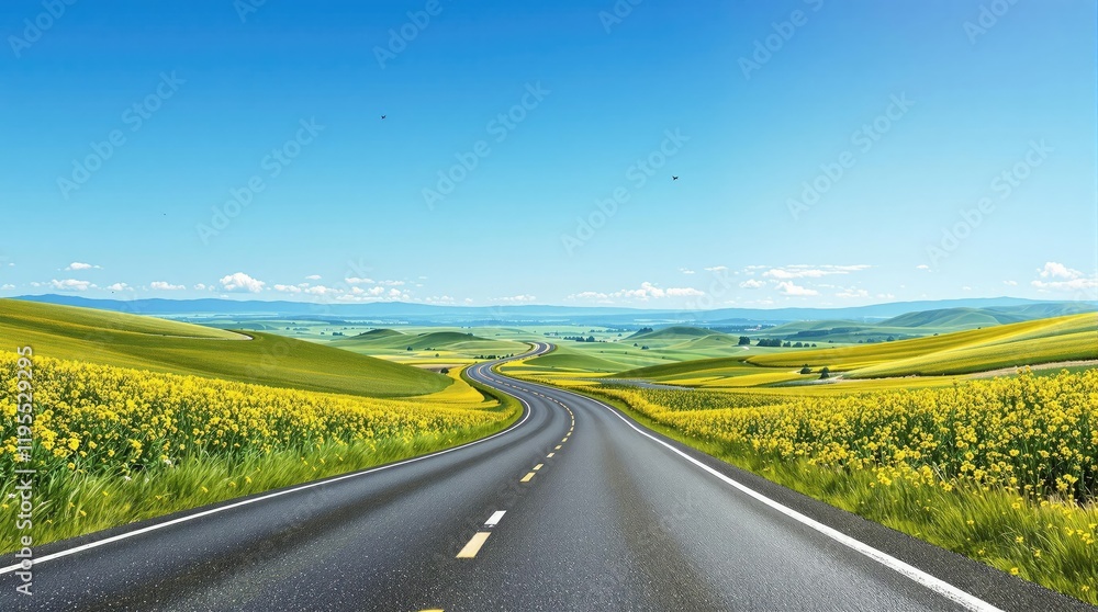 Fototapeta premium A car is driving down an asphalt road at sunset with the sun shining brightly behind it and casting a warm orange glow over the entire scene, driving vehicle, car driving, asphalt road, , orange sky