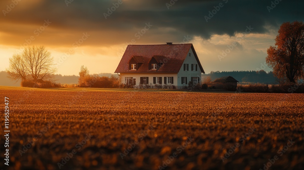 Tranquil countryside house at sunset with dramatic sky and open field landscape. Tranquil countryside house at sunset with dramatic sky and open field landscape.