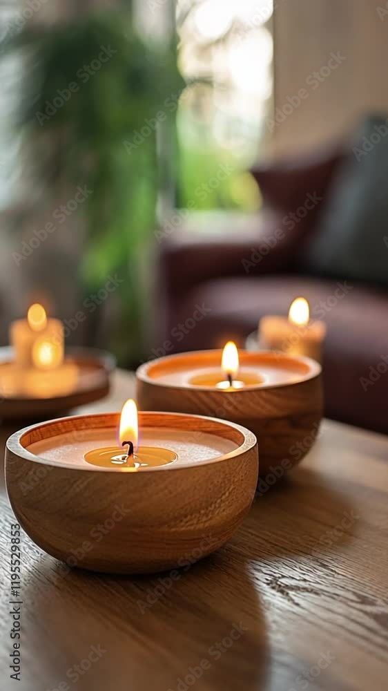Four wooden bowls with candles lit, creating a cozy and serene atmosphere. Four wooden bowls with candles lit, creating a cozy and serene atmosphere.