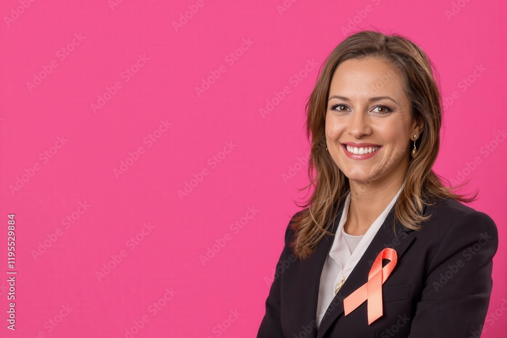 Smiling young caucasian female in black suit with pink ribbon on pink background. Smiling young caucasian female in black suit with pink ribbon on pink background.