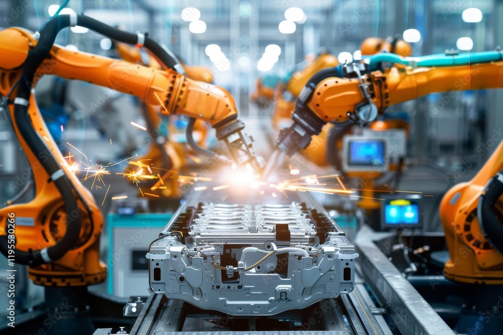 Robotic arms welding in an industrial setting, showcasing advanced manufacturing technology. Robotic arms welding in an industrial setting, showcasing advanced manufacturing technology.