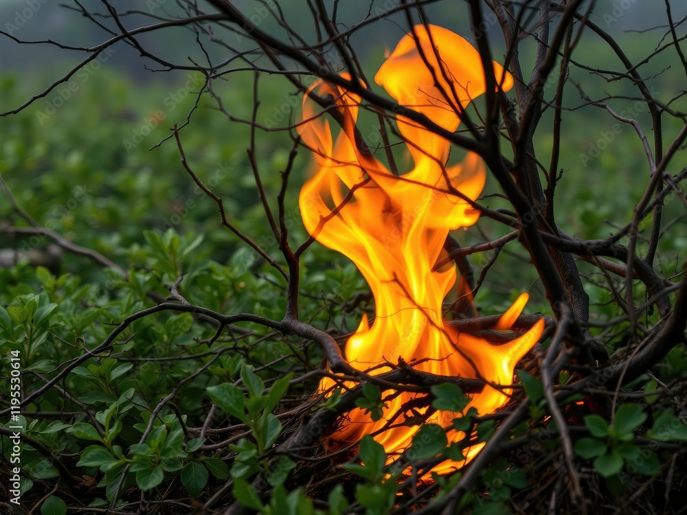 A close-up of a wildfire's edge with tongues of flame licking at the underbrush and twisted branches amidst a sea of green foliage, forest fires, vibrant colors, color palette A close-up of a wildfire's edge with tongues of flame licking at the underbrush and twisted branches amidst a sea of green foliage, forest fires, vibrant colors, color palette
