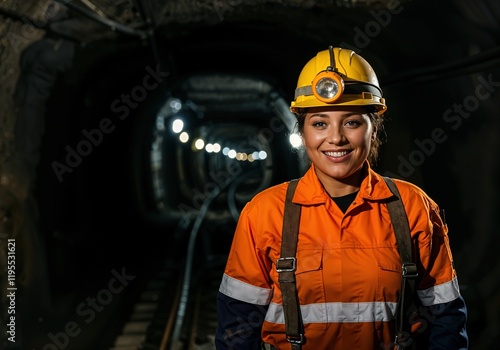 Hispanic female miner smiling in orange safety gear in underground tunnel