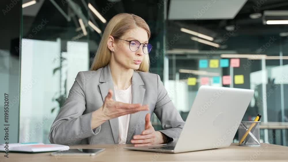 Confident businesswoman talking on a video call using a laptop computer while sitting at workplace in office. Female manager communicates at online conference or chats remotely with a business partner Confident businesswoman talking on a video call using a laptop computer while sitting at workplace in office. Female manager communicates at online conference or chats remotely with a business partner