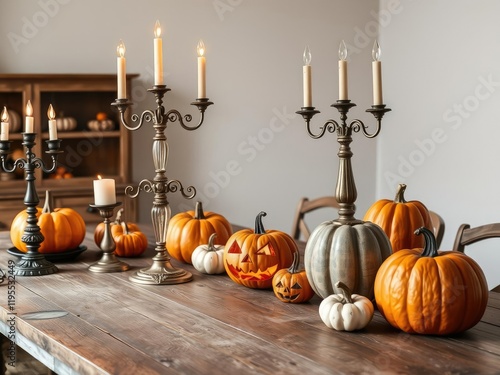 A collection of vintage candelabras and jack-o-lanterns placed on a large wooden table, festive centerpieces, dark elegance, spooky theme photo