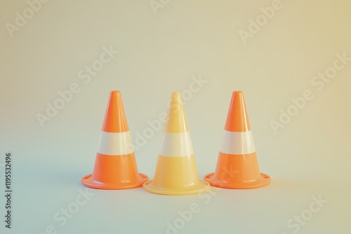 Three traffic cones stand in a row on a pale background photo