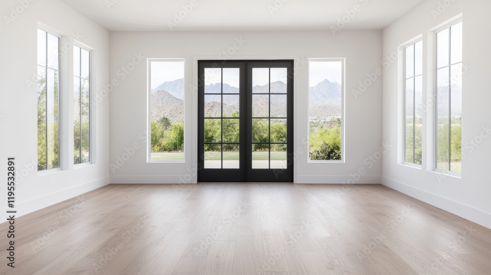 Bright modern empty office with large windows offering scenic views Bright modern empty office with large windows offering scenic views