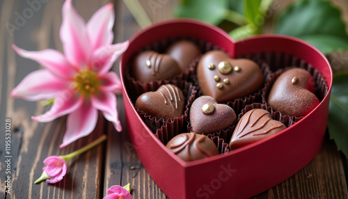 Heart-shaped chocolates in red gift box with flowers
