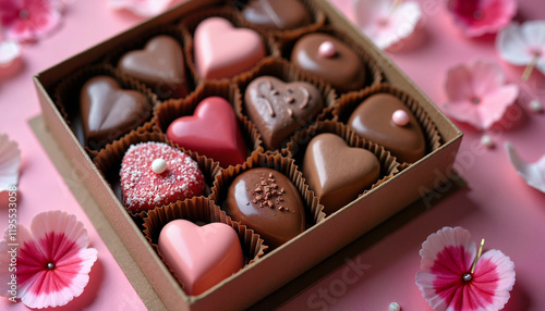 Assorted heart chocolates in decorative red gift box
