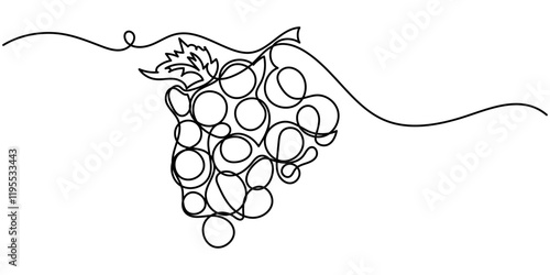 Green grape bunch one single line art drawing. Continuous vector illustration of vine. Grape bunch for label design of juice or wine, Continuous Line Drawing Of Grapes On A Transparent background.