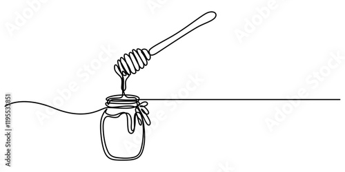 A continuous line drawing of a honey jar with a dipper, Vector continuous one single line drawing of honey on dipper in silhouette on a white background. Linear stylized. honey                        